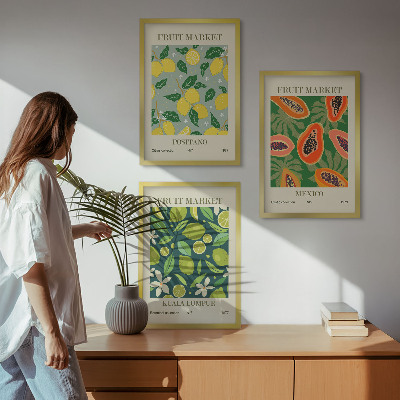 Set of 3 framed wall art pieces Fruity lemon and papaya patterns