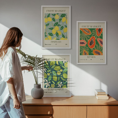 Set of 3 framed wall art pieces Fruity lemon and papaya patterns