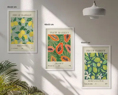 Set of 3 framed wall art pieces with fruity lemon and papaya patterns