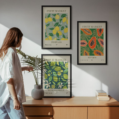Set of 3 framed wall art pieces Fruity lemon and papaya patterns