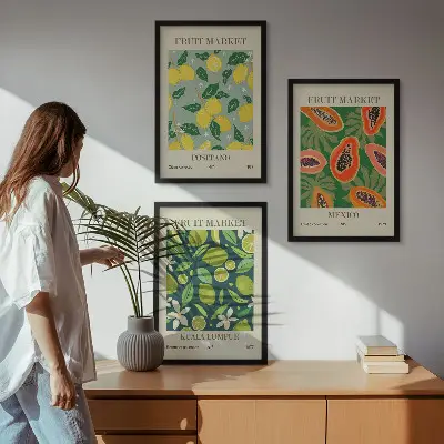 Set of 3 framed wall art pieces with fruity lemon and papaya patterns