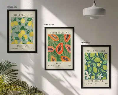 Set of 3 framed wall art pieces with fruity lemon and papaya patterns