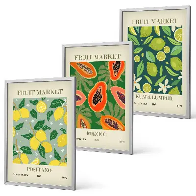 Set of 3 framed wall art pieces with fruity lemon and papaya patterns
