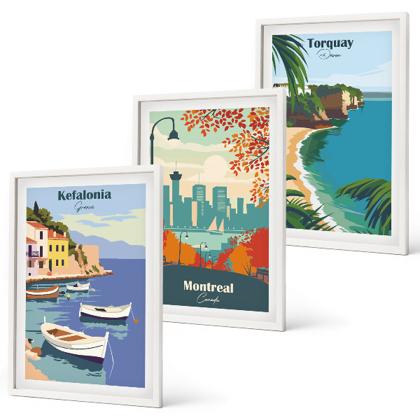 Three-piece wall art piece Cityscapes from Greece, Canada, Australia