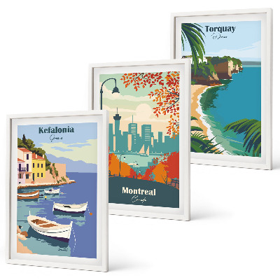 Three-piece wall art piece Cityscapes from Greece, Canada, Australia