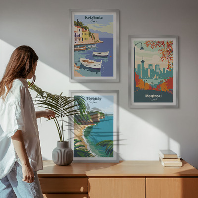 Three-piece wall art piece Cityscapes from Greece, Canada, Australia