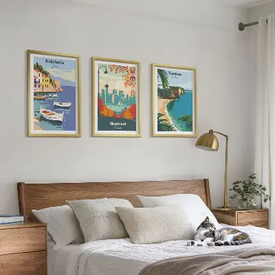 Cityscapes wall art set three-piece collection features Greece, Canada, and Australia