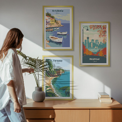 Three-piece wall art piece Cityscapes from Greece, Canada, Australia