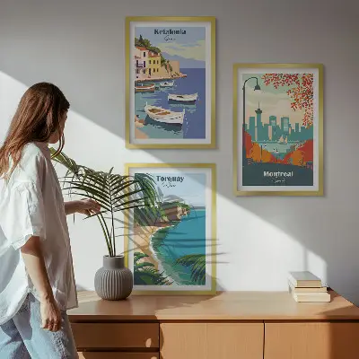 Cityscapes wall art set three-piece collection features Greece, Canada, and Australia