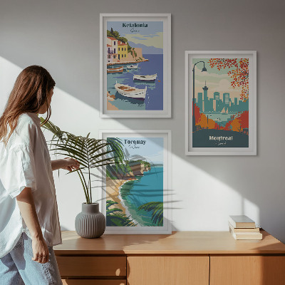 Three-piece wall art piece Cityscapes from Greece, Canada, Australia