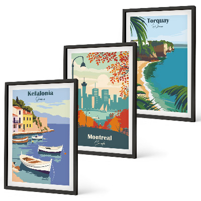 Three-piece wall art piece Cityscapes from Greece, Canada, Australia