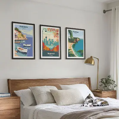 Cityscapes wall art set three-piece collection features Greece, Canada, and Australia