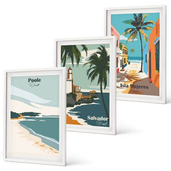 Set of 3 framed wall art pieces Tropical beaches and palm trees
