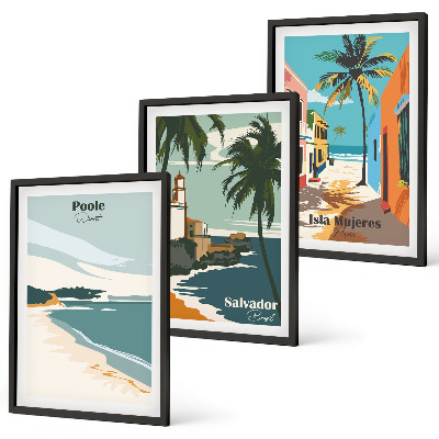 Set of 3 framed wall art pieces Tropical beaches and palm trees