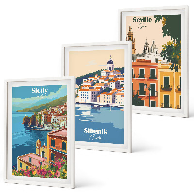 Set of 3 framed wall art pieces City landscapes with buildings