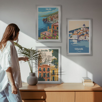 Set of 3 framed wall art pieces City landscapes with buildings