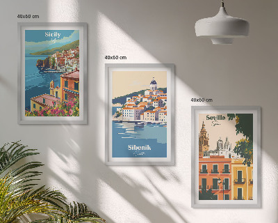 Set of 3 framed wall art pieces City landscapes with buildings