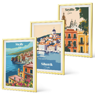 Set of 3 framed wall art pieces City landscapes with buildings