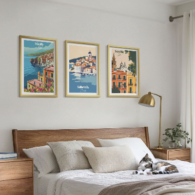 Set of 3 framed wall art pieces City landscapes with buildings