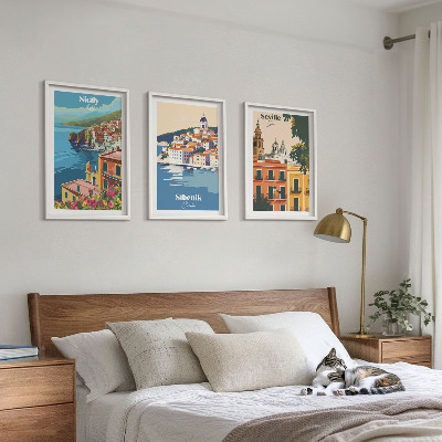 Set of 3 framed wall art pieces City landscapes with buildings
