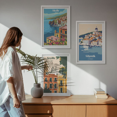 Set of 3 framed wall art pieces City landscapes with buildings