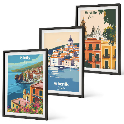 Set of 3 framed wall art pieces City landscapes with buildings