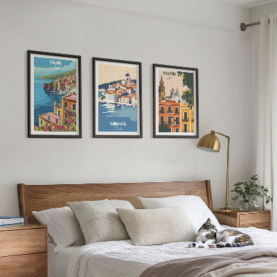 Set of 3 framed wall art pieces City landscapes with buildings