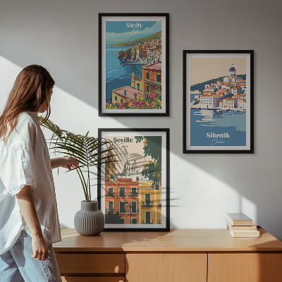Set of 3 framed wall art pieces City landscapes with buildings
