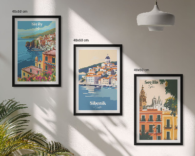 Set of 3 framed wall art pieces City landscapes with buildings