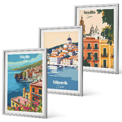 Set of 3 framed wall art pieces City landscapes with buildings