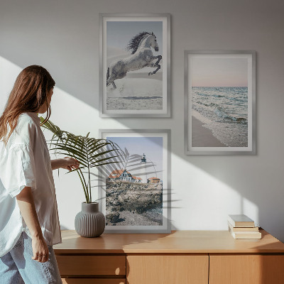 Wall art set Horses beach lighthouse waves