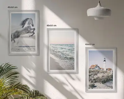 Wall art set featuring horses, a beach, a lighthouse, and ocean waves