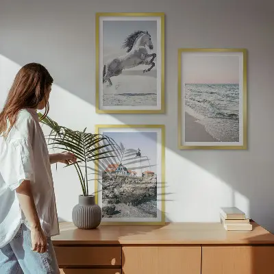 Wall art set featuring horses, a beach, a lighthouse, and ocean waves