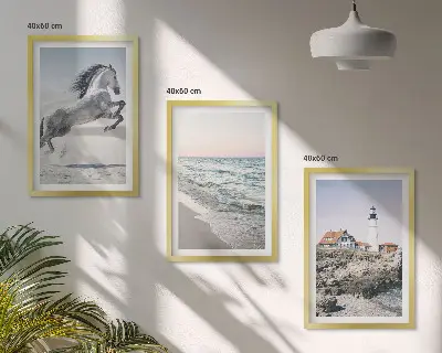 Wall art set featuring horses, a beach, a lighthouse, and ocean waves