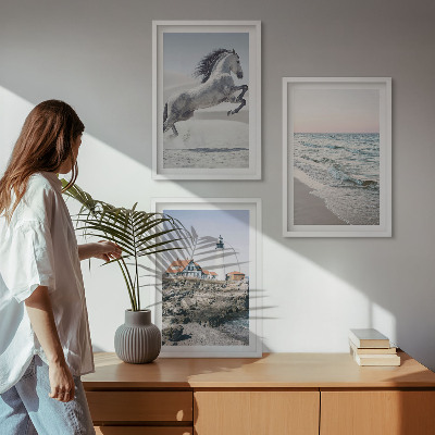 Wall art set Horses beach lighthouse waves