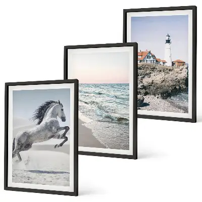 Wall art set featuring horses, a beach, a lighthouse, and ocean waves