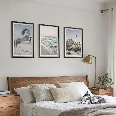 Wall art set featuring horses, a beach, a lighthouse, and ocean waves