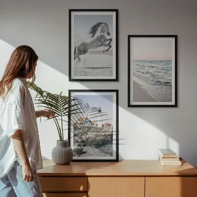 Wall art set featuring horses, a beach, a lighthouse, and ocean waves