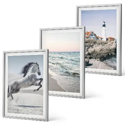 Wall art set featuring horses, a beach, a lighthouse, and ocean waves