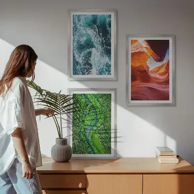 Three-piece wall art set canyon green forest water movement print