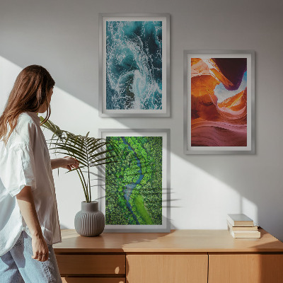 Three-piece wall art piece Water movement canyon green forest