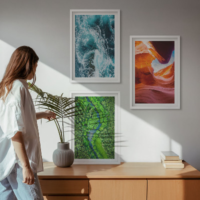 Three-piece wall art piece Water movement canyon green forest