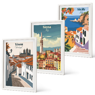 Set of 3 framed wall art pieces Retro illustrations of world cities