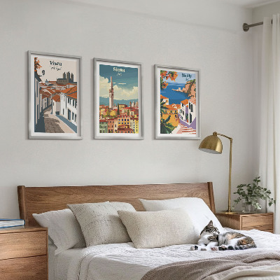 Set of 3 framed wall art pieces Retro illustrations of world cities