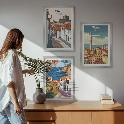 Set of 3 framed wall art pieces Retro illustrations of world cities