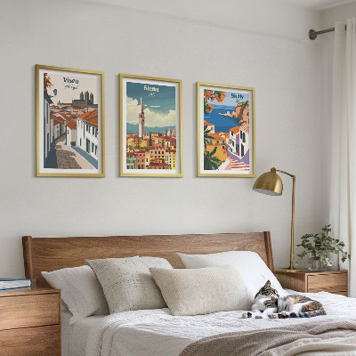 Set of 3 framed wall art pieces Retro illustrations of world cities