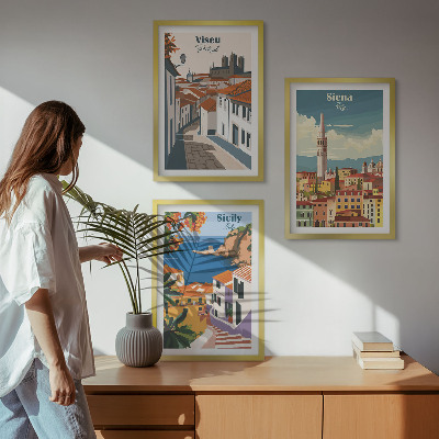 Set of 3 framed wall art pieces Retro illustrations of world cities