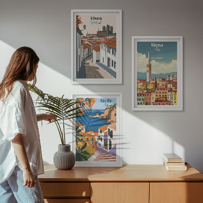 Set of 3 framed wall art pieces Retro illustrations of world cities