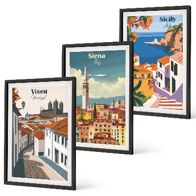 Set of 3 framed wall art pieces Retro illustrations of world cities