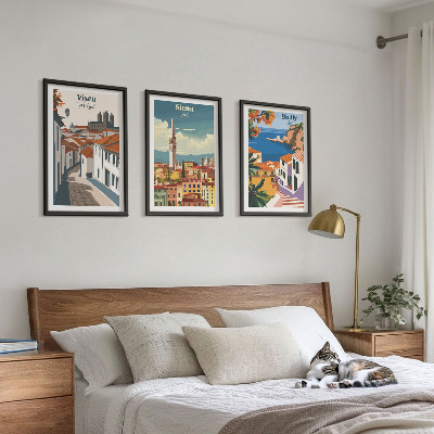 Set of 3 framed wall art pieces Retro illustrations of world cities